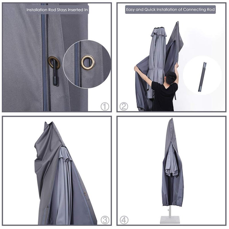 SUPERJARE Patio Umbrella Cover with Rod for 7 to 11 Ft Umbrellas & 15 Ft Double-Sided Umbrellas, 600D Protective Waterproof Cover with Zipper, Gray - Image 5